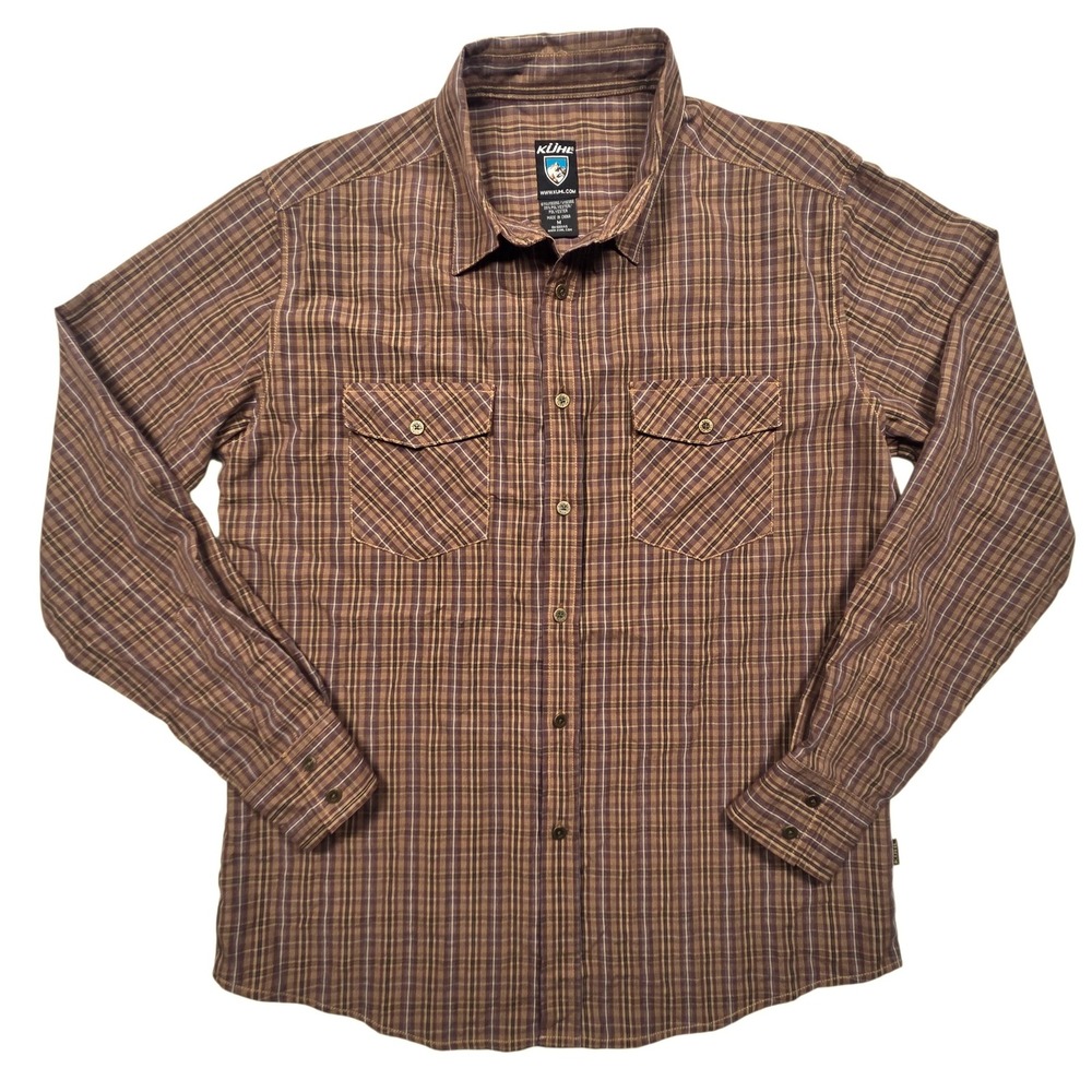 KUHL Button Front Shirt Mens Medium Brown Plaid Long Sleeve Viscose Blend Hiking
